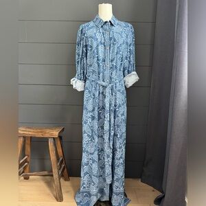 1. State Blue Floral Belted Long Sleeve Maxi Shirt Dress Size Large